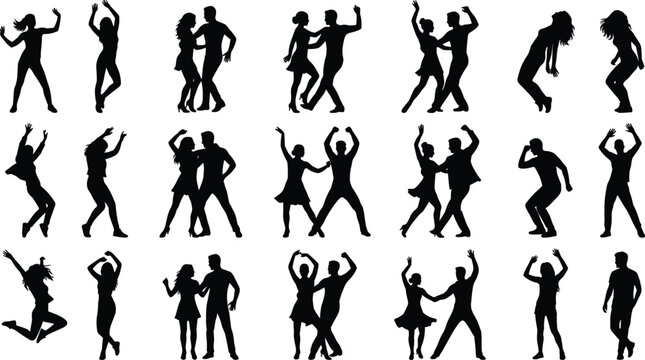 Silhouette collection of dancing men and women isolated on white background featuring energetic party poses and couple dance movements