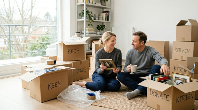 Couple packing cardboard boxes for moving house. Man and woman sorting belongings in living room. Relocation and new home concept
