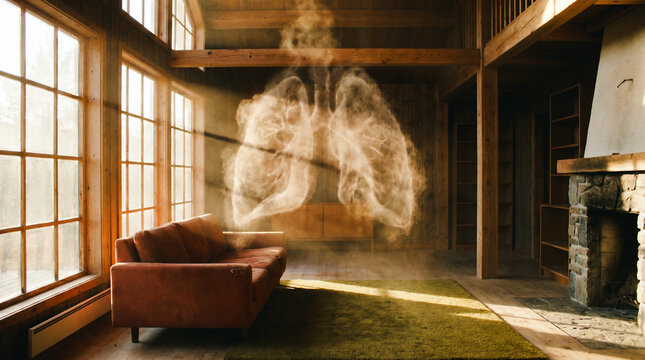 Concept of Hantavirus Pulmonary Syndrome (HPS), pandemic, virus with floating lungs in a rustic indoor setting
