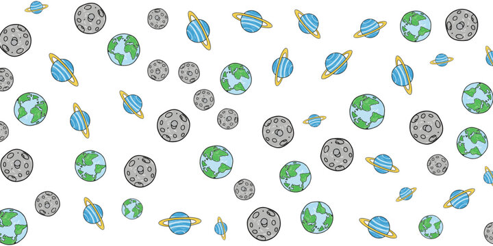 Celestial bodies and planets in a seamless pattern on a white background, science and space theme