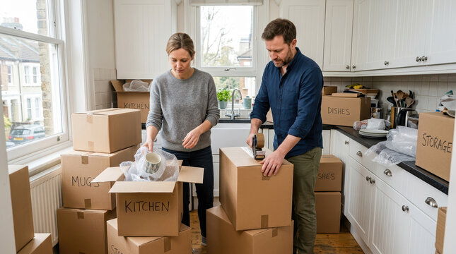 Couple packing cardboard boxes in a kitchen for moving house. Man and woman preparing for relocation. Sealing boxes with tape and bubble wrap. New home and real estate concept
