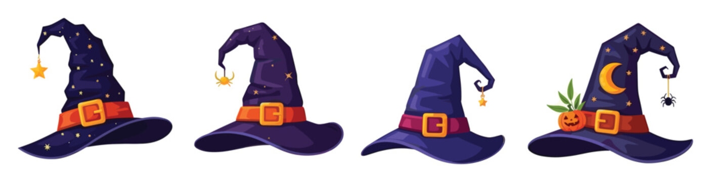 Enchanted witch hats with stars spiders moons and pumpkins for exciting Halloween seasonal designs