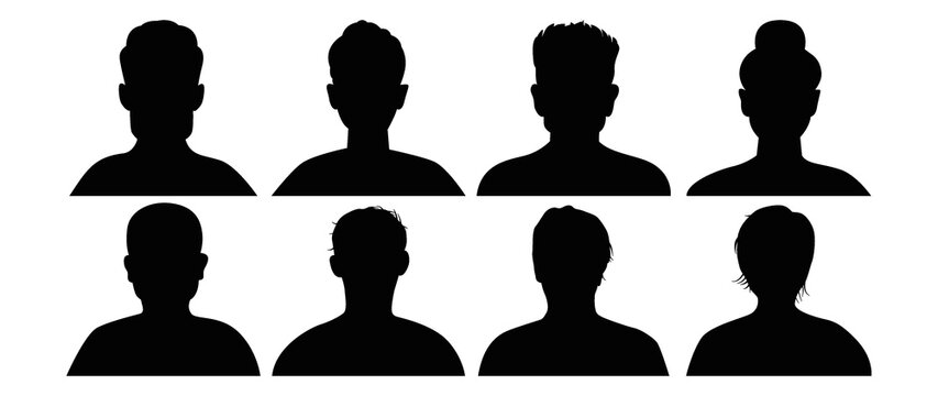 Vector flat illustration. Eight icons. Black silhouette of men and women. Avatar, user profile, person icon, profile picture. Suitable for social media profiles, icons, screensavers and as a template.