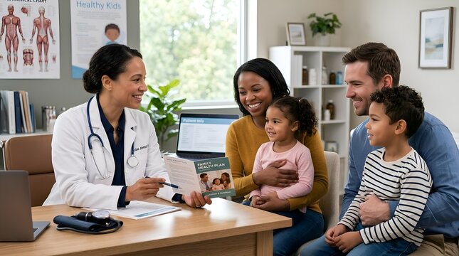 Doctor consulting happy family at medical clinic office