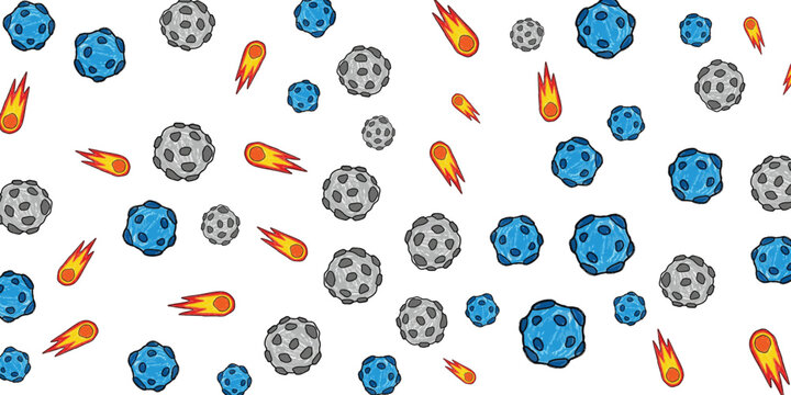 Seamless pattern of meteorites and comets in cartoon style on a white background