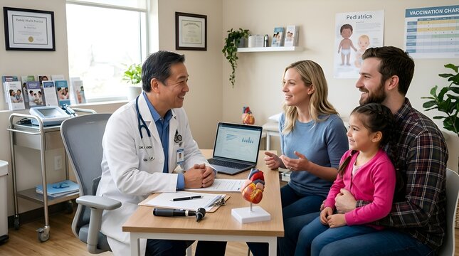 Doctor consulting with family in clinic, healthcare consultation