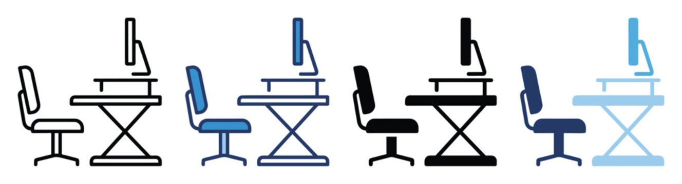 Office setup icon showcasing computer monitor on height adjustable desk with chair