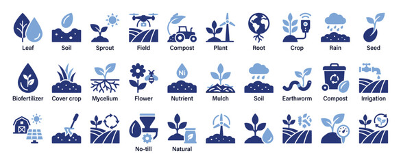 Naklejka premium Agricultural sustainability farming technology icon set for ecological cultivation applications