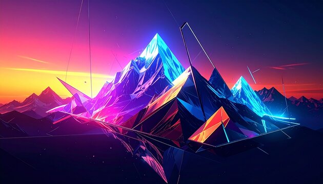 Neon mountain peaks reflected in fractured geometric surfaces at sunset