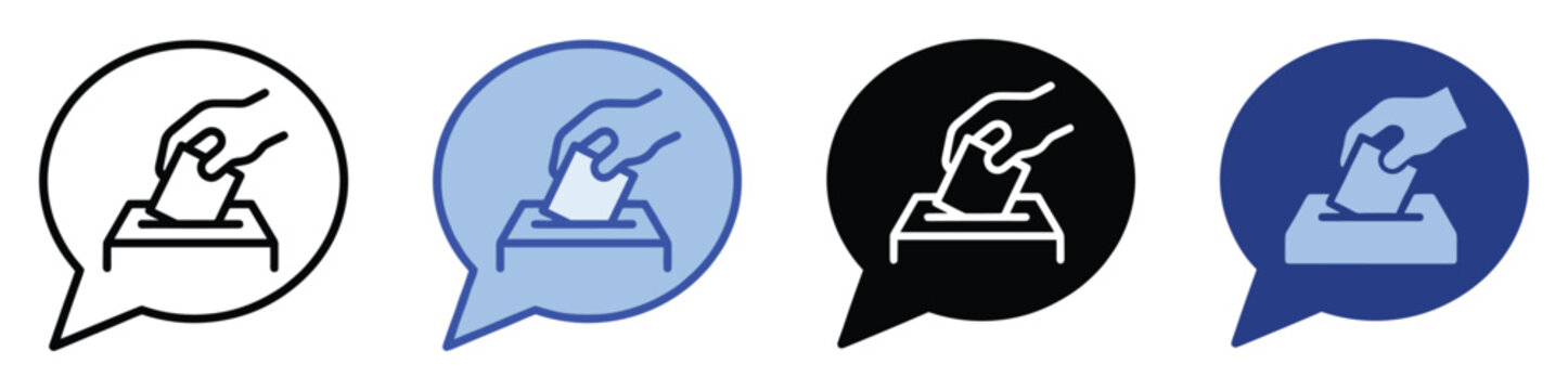 Speech bubble icon depicting hand dropping ballot into vote box for election media.