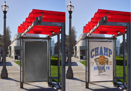 Bus Stop Shelter in San Francisco, California, U.S.A. PSD template Mockup AD canva.