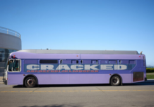 Purple Bus in San Francisco, California. PSD template mockup.