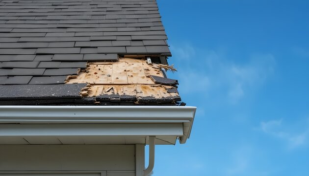 Plywood is visible beneath a damaged asphalt roof with missing shingles. A recent storm is suggested by the clear blue sky backdrop. The visible gutter portion indicates the exterior of the house.