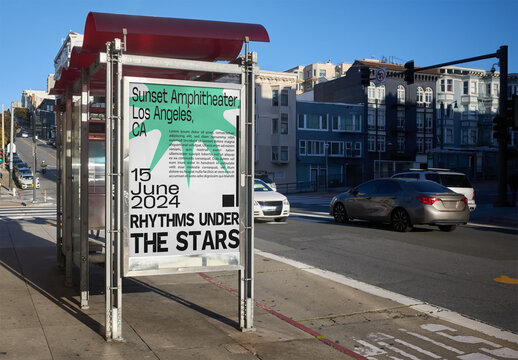 Bus Stop Shelter Mockup in San Francisco, California, U.S.A. PSD template Mockup AD sign.