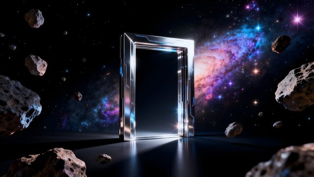 Scifi portal in space with asteroids