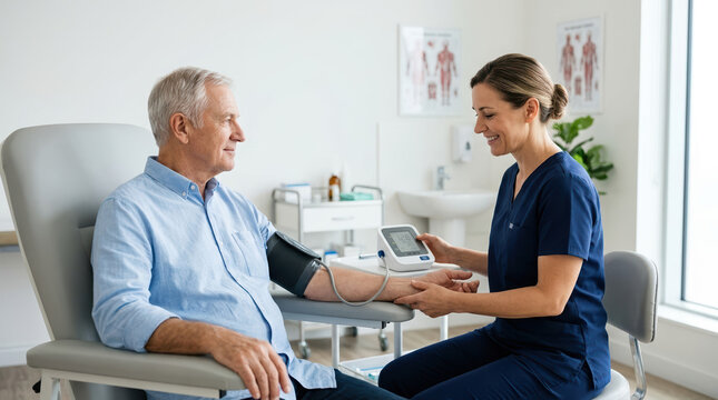 Nurse checking blood pressure of a senior man in a clinic. Female healthcare professional monitoring elderly patient with digital device. Senior healthcare and hypertension prevention concept