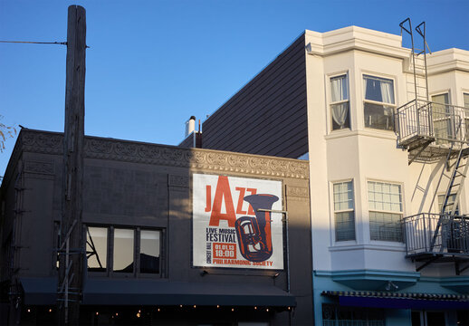 Wallscape in San Francisco Building Facade. PSD template mockup.