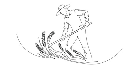 Obraz premium Continuous single line vector illustration of male farmer working in rural field agriculture organic food branding concept