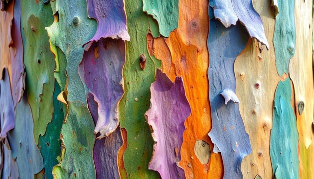 Peeling multicolor bark of rainbow eucalyptus tree in close-up detail