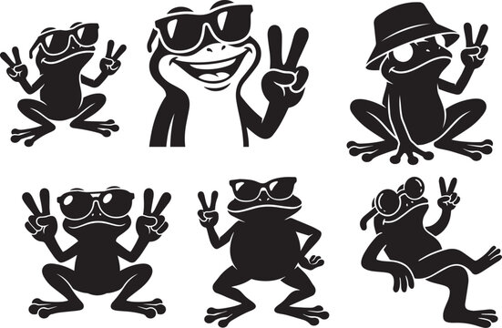 Cool frog wearing sunglasses and showing peace sign silhouette vector