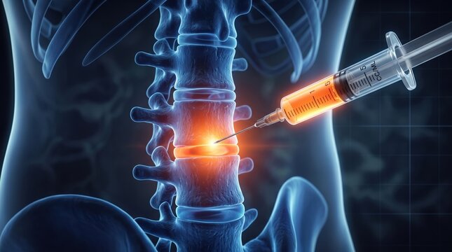 Medical syringe injecting into glowing human lumbar spine for pain relief treatment with injection treatment vertebrae