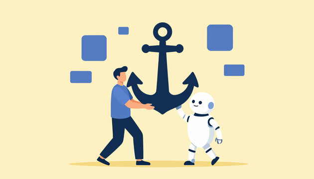Anchoring the future Human and artificial intelligence collaboration working together to establish a strong, secure foundation, symbolizing stability and advanced technological support