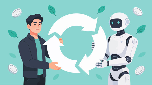 Human and AI collaborate on a sustainable future, embracing circular economy principles and eco-friendly solutions for a greener planet