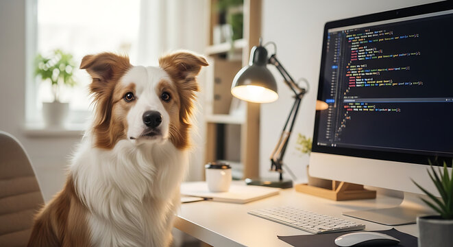 Cute dog sitting at a desk with a computer monitor showing programming code in a home office