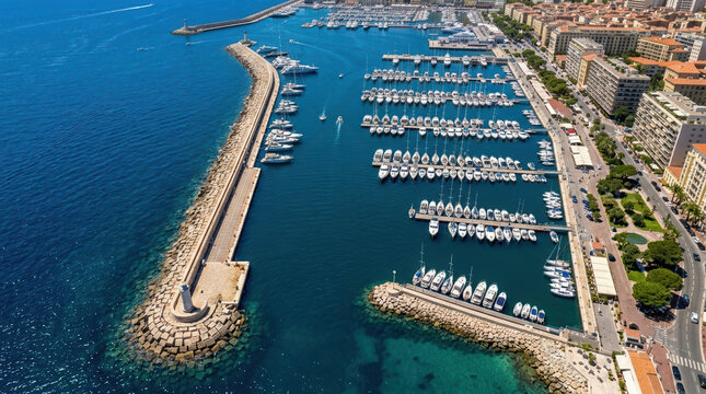 Aerial view of a Mediterranean marina with yachts and a lighthouse. Coastal city harbor with boats and breakwater