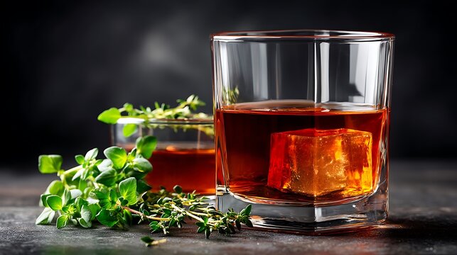 Refreshing Whiskey Cocktail with Herb Garnish and Ice Cube