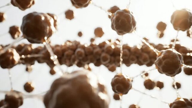 Brown balls connected by strings floating in bright sunny airspace