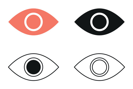 Four stylized vector eye icons are displayed in a two-by-two grid featuring solid coral and black, and outlined black and white variations.