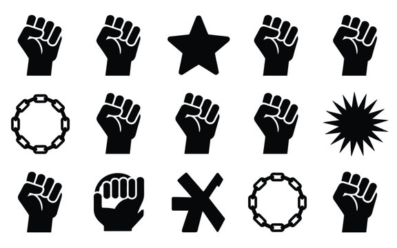 Juneteenth icon bundle black fist symbols chains and stars on white background for freedom and celebration