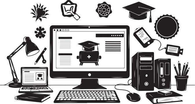 Online Education Workspace with Graduation Icon Displayed
