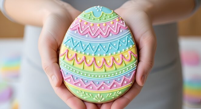 Hands holding colorful decorated Easter egg cookie with intricate icing patterns