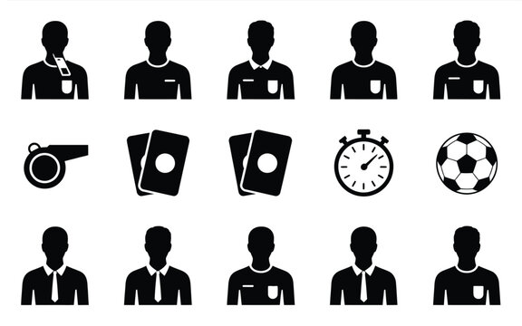 Referee and football match icons set including players cards whistle and timer on white background
