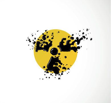 Radioactive symbol with black liquid splash effect on yellow circle. Dramatic melting radiation icon vector illustration for nuclear warning, danger poster, t-shirt print and atomic themed design.