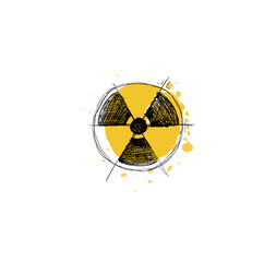 Hand-drawn radioactive symbol with scribble hatching on yellow watercolor circle with splashes. Sketch style vector illustration for nuclear warning, radiation hazard and atomic danger design. © elinacious