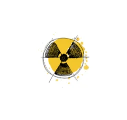Hand-drawn radioactive symbol with scribble hatching on yellow watercolor circle with splashes. Sketch style vector illustration for nuclear warning, radiation hazard and atomic danger design. © elinacious