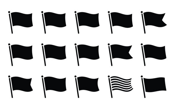 Set of 15 black silhouette icons of waving flags on white background for graphic design