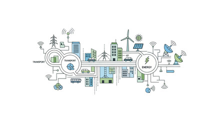 Fototapeta premium Eco friendly city, sustainable infrastructure, green technology, urban planning icons