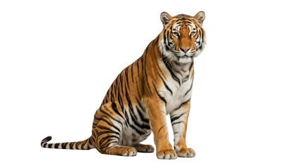 Fototapeta premium Tiger, orange and black striped animal, sitting tiger, wildlife creature, endangered species isolated on Transparent Background