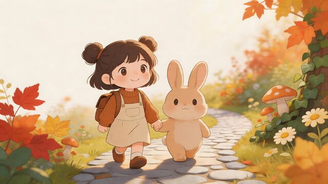 Girl walking with bunny on path