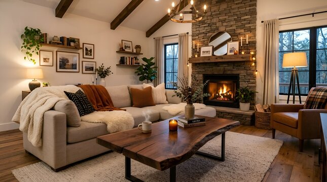 Cozy living room interior with fireplace, sofa and warm lighting