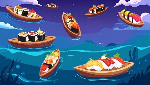 Floating sushi boats with assorted toppings on glowing turquoise water