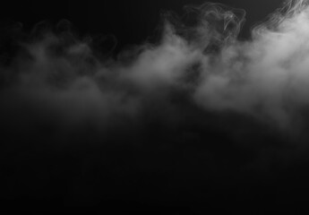 Fototapeta premium Dark fog and smoke overlay drifting across a black background, creating a soft atmospheric mist texture with moody contrast and cinematic copy space.