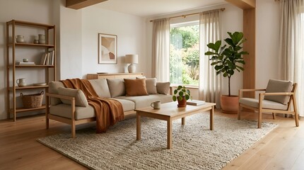 Fototapeta premium Cozy Living Room Interior with Neutral Tones and Natural Light