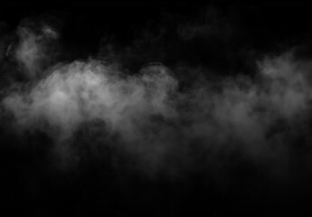 Fototapeta premium Dark fog and smoke overlay drifting across a black background, creating a soft atmospheric mist texture with moody contrast and cinematic copy space.