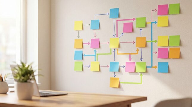 A creative workspace featuring colorful sticky notes on a wall, inspiring ideas.