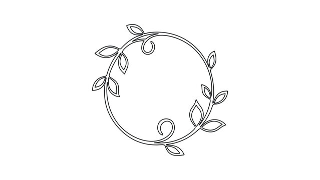 Minimalist continuous line drawing of a circular floral wreath with leaves.